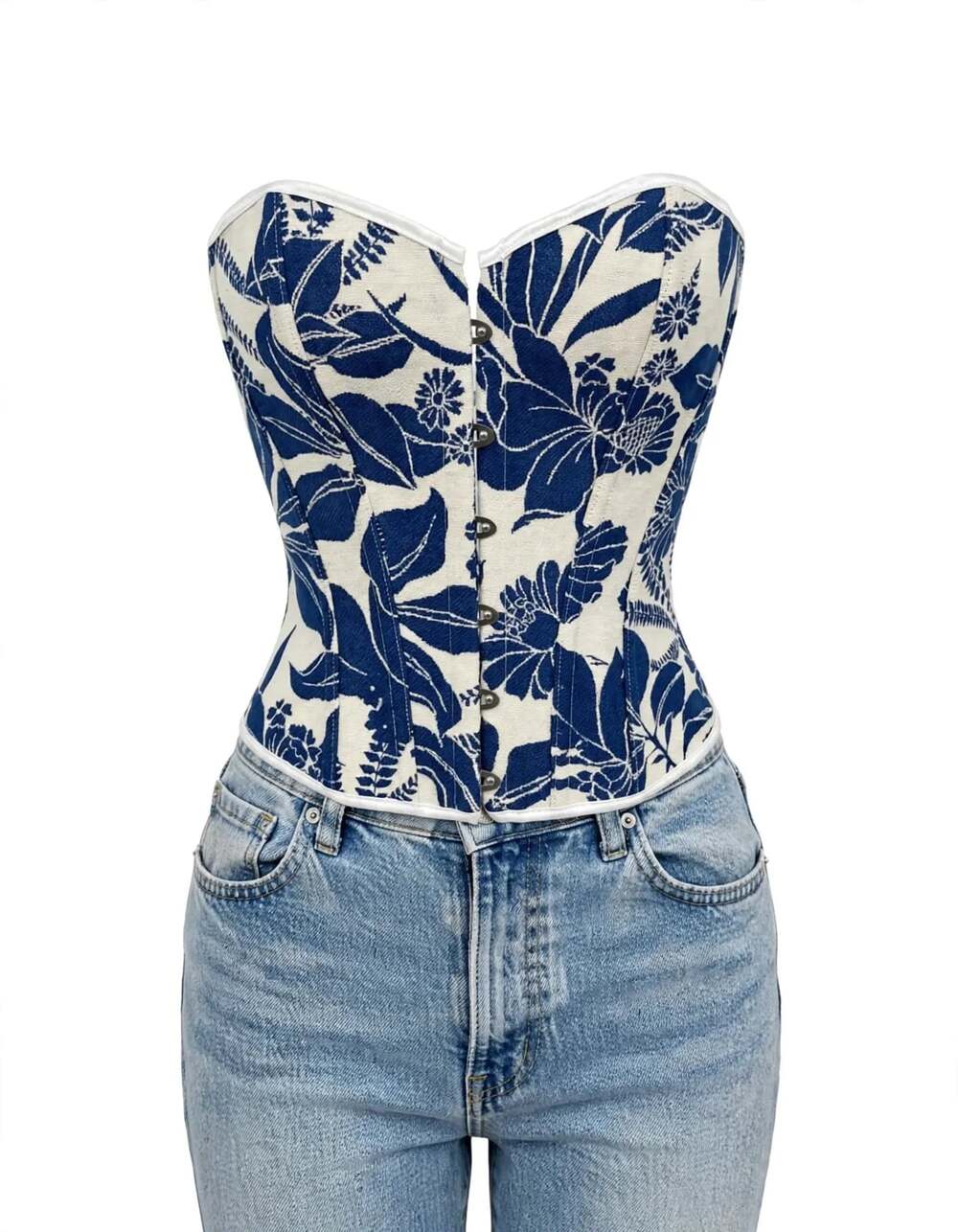 SHEIN Floral Corset Top Blue White Strapless Bustier Boned Cottagecore Size M